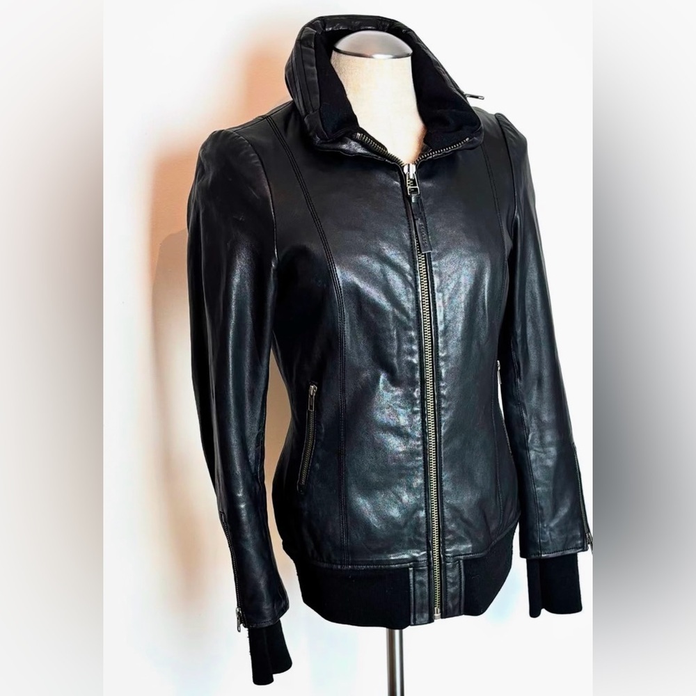 Mackage Black leather jacket with hidden hood in collar size small - Picture 4 of 11